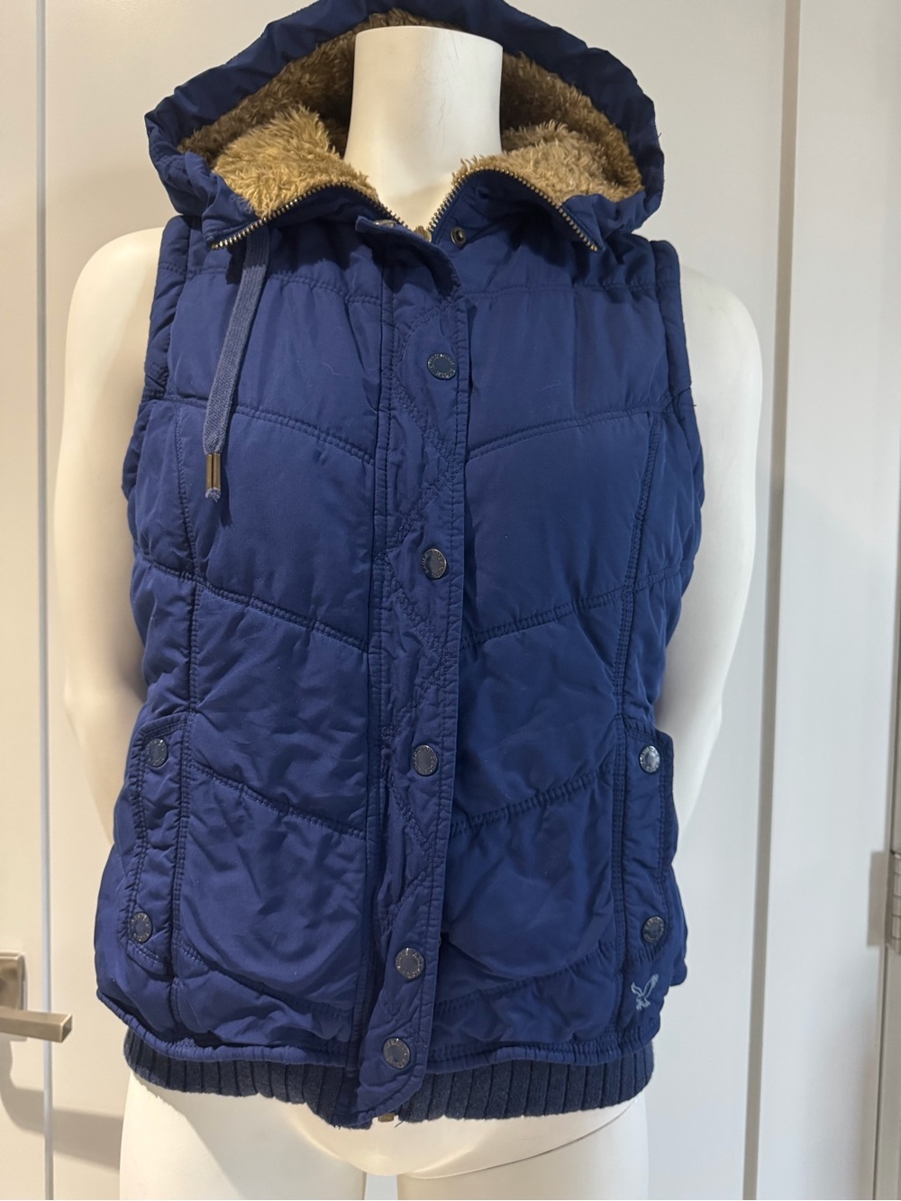American Eagle Royal Blue Quilted Hooded Vest with Faux-Fur, Vintage, Y2K